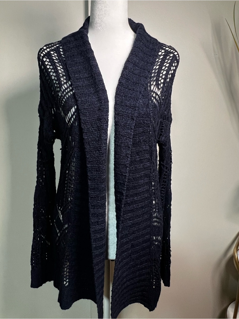Skies Are Blue Navy Open-Knit Draped Cardigan